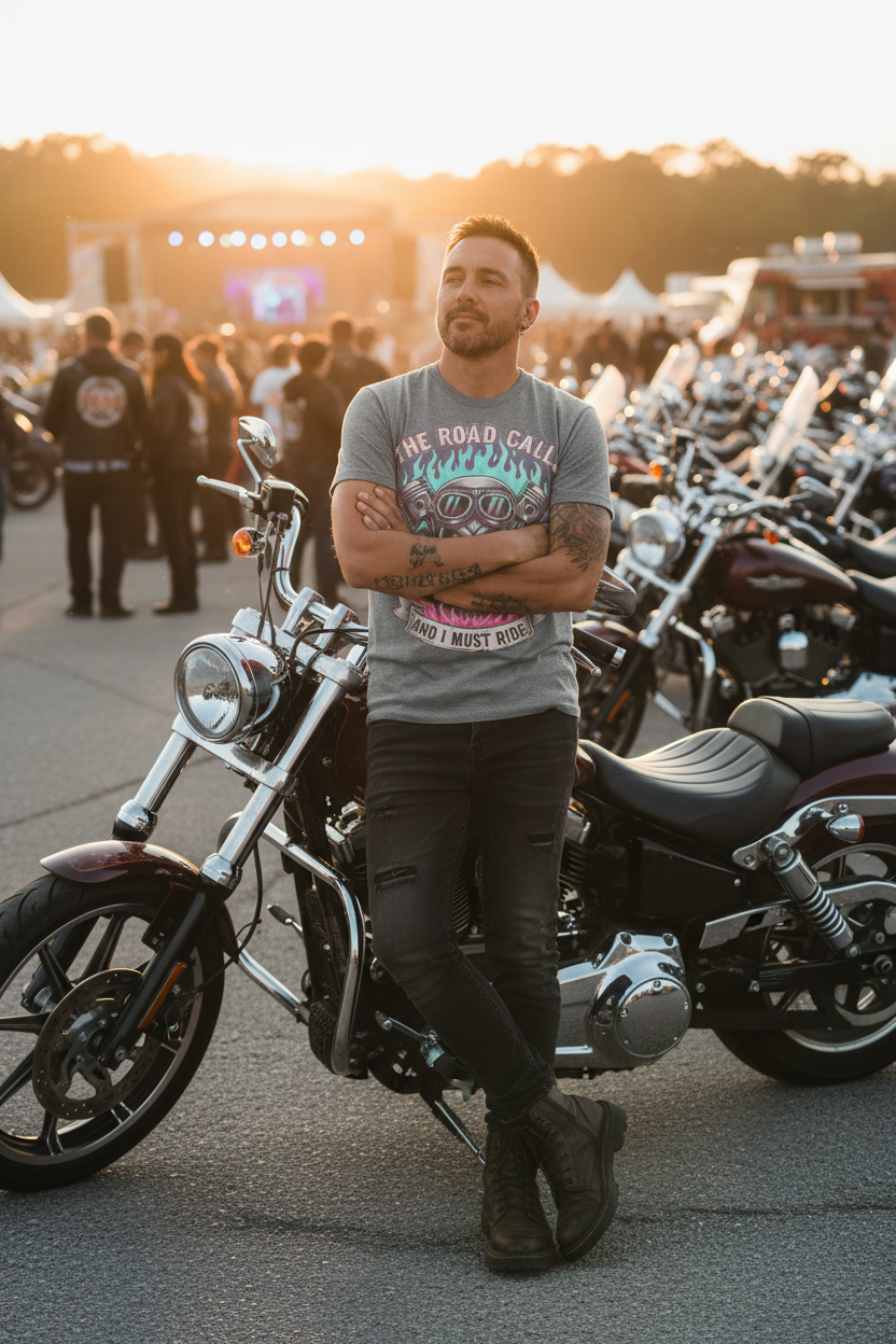 The Road Calls and I Must Ride Neon Biker Graphic T-Shirt