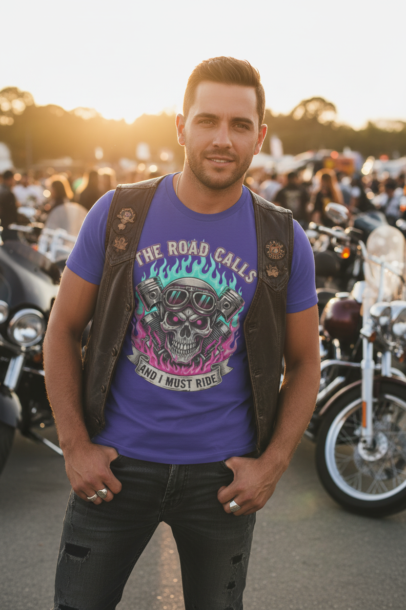 The Road Calls and I Must Ride Neon Biker Graphic T-Shirt