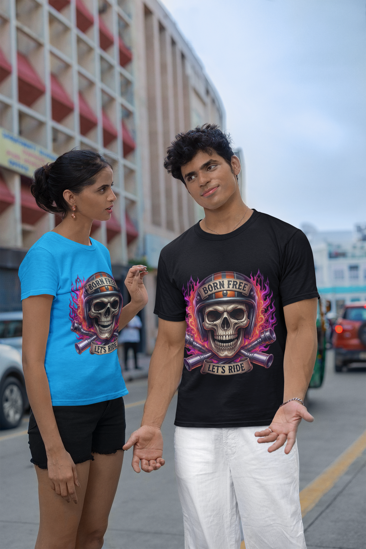 Born Free T-Shirt – Skull & Flames Biker Graphic Tee | Motorcycle Rider Gift