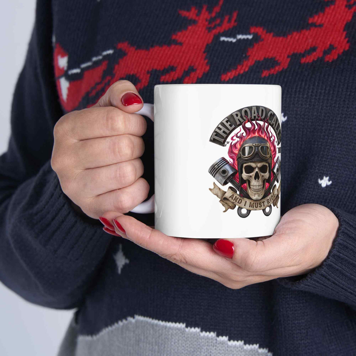 Skull Rider Ceramic Mug – 'The Road Calls' Biker Coffee Cup (11oz & 15oz) - TRK Sublimation Design