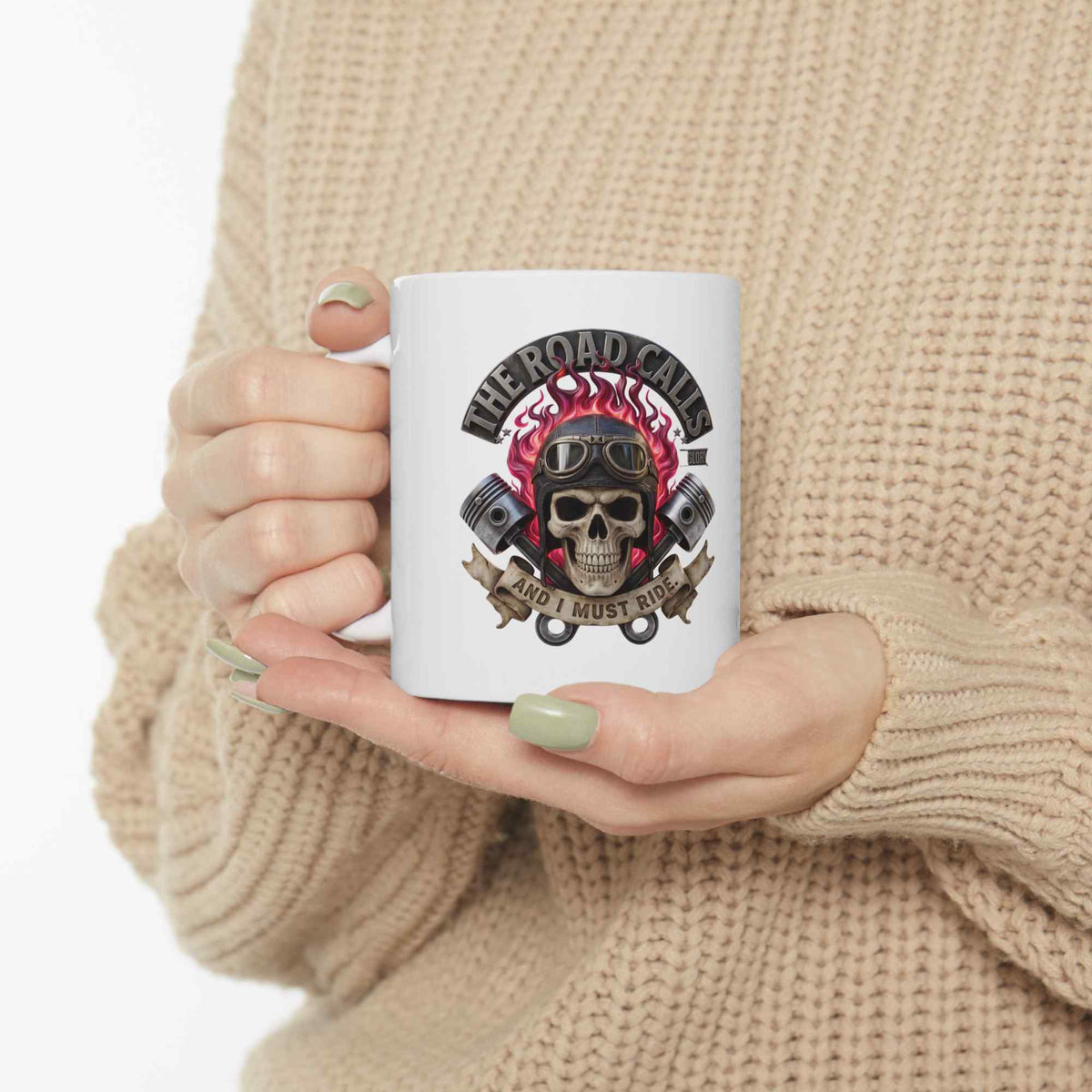 Skull Rider Ceramic Mug – 'The Road Calls' Biker Coffee Cup (11oz & 15oz) - TRK Sublimation Design