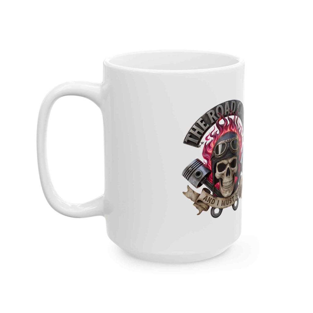 Skull Rider Ceramic Mug – 'The Road Calls' Biker Coffee Cup (11oz & 15oz) - TRK Sublimation Design