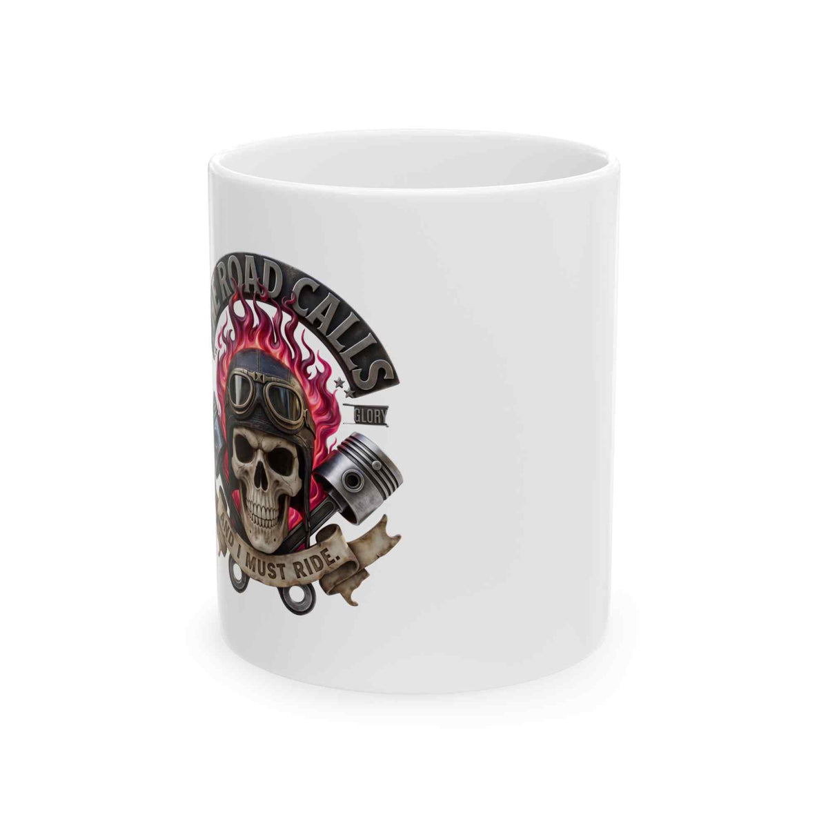 Skull Rider Ceramic Mug – 'The Road Calls' Biker Coffee Cup (11oz & 15oz) - TRK Sublimation Design