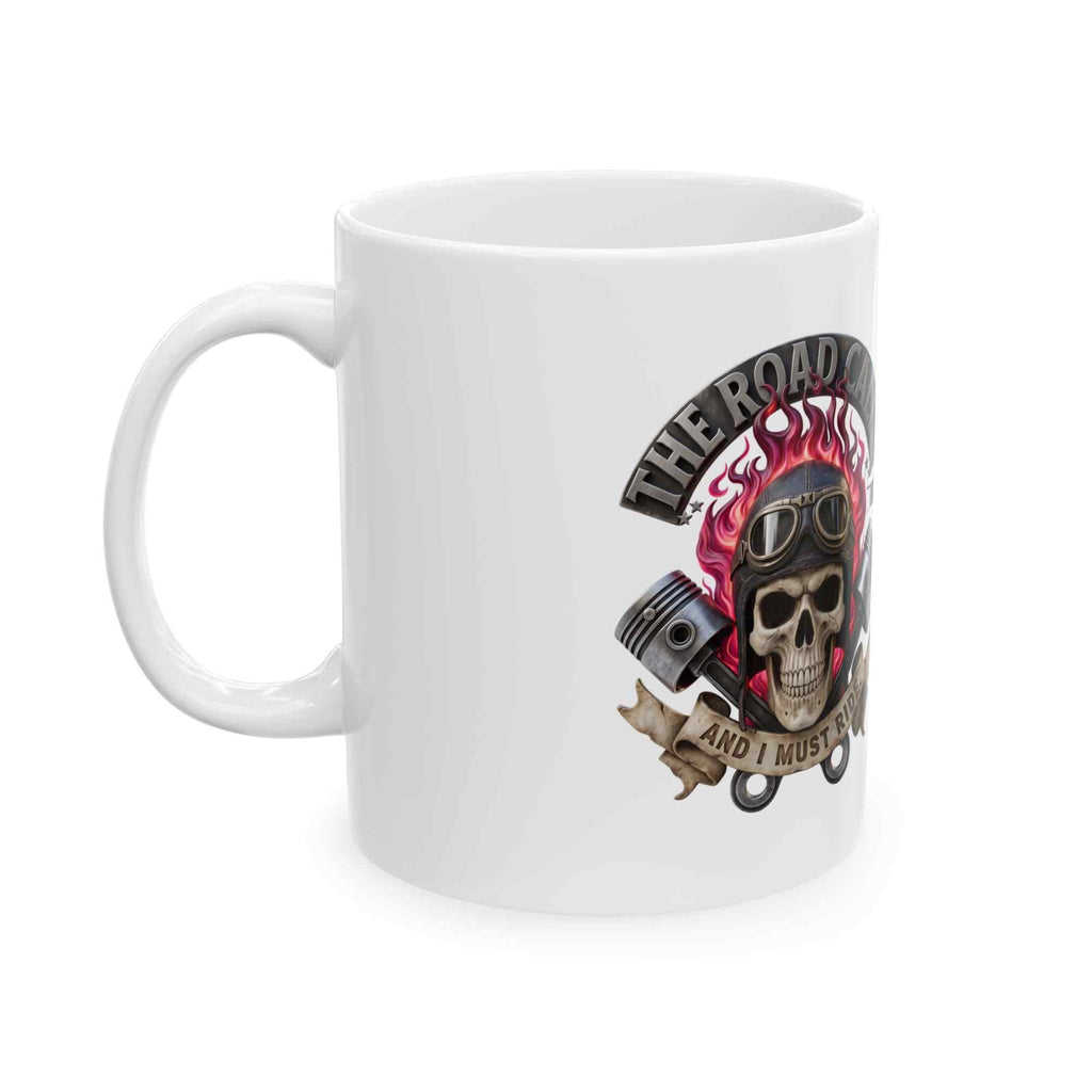 Skull Rider Ceramic Mug – 'The Road Calls' Biker Coffee Cup (11oz & 15oz) - TRK Sublimation Design