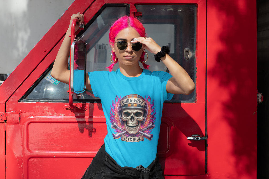 Born Free T-Shirt – Skull & Flames Biker Graphic Tee | Motorcycle Rider Gift