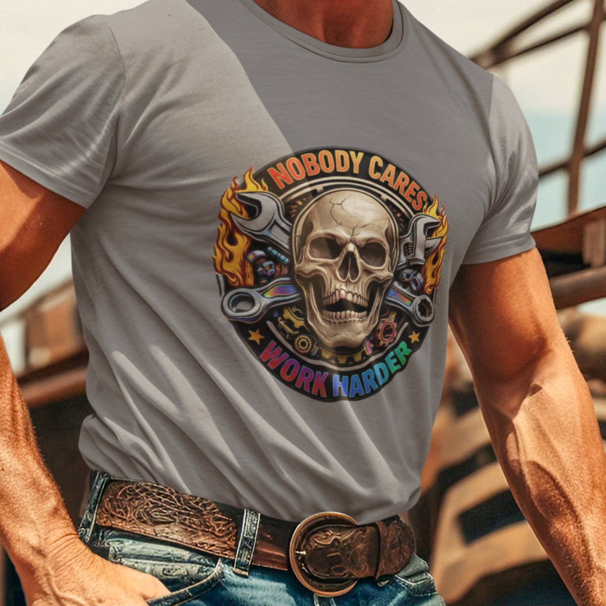 A muscular man wearing a white cowboy hat, a gray graphic t-shirt with a skull design, and blue jeans stands in a dusty outdoor setting with metal railings and a blue sky background.
