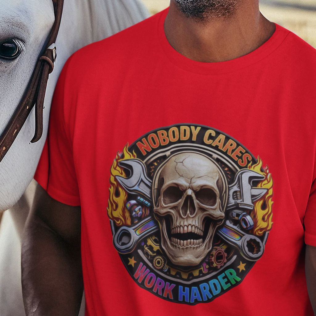 A smiling man in a white cowboy hat and red graphic T-shirt stands beside a white horse outdoors. The shirt graphic shows a skull with tools and the words 'Nobody Cares Work Harder'.