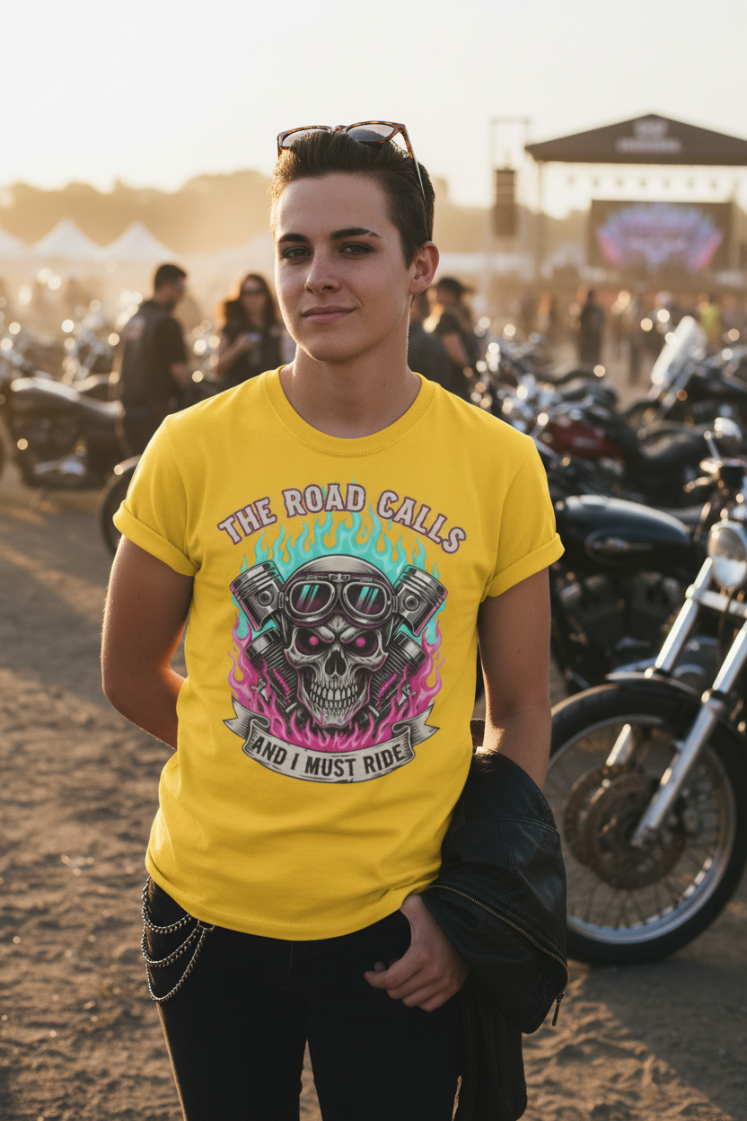 The Road Calls and I Must Ride Neon Biker Graphic T-Shirt